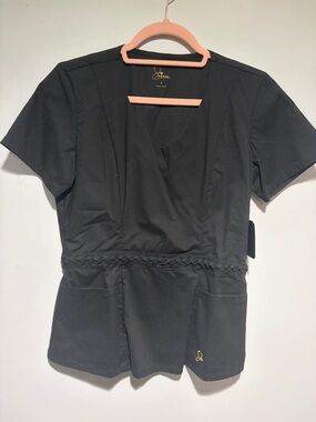 Jaanuu Black Short Sleeve Scrub Top with Braided Waist